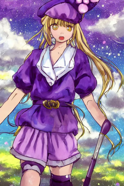 Prompt: A character sheet with a dramatic pose of an anime magical girl holding a paintbrush with short blond hair and freckles wearing an oversized purple Beret, Purple overall shorts, jester shoes, and white leggings covered in stars. Surrounded by clouds and the night sky. Rainbow accents on outfit. Card captor Sakura inspired. By Naoko Takeuchi. By CLAMP. By WLOP.