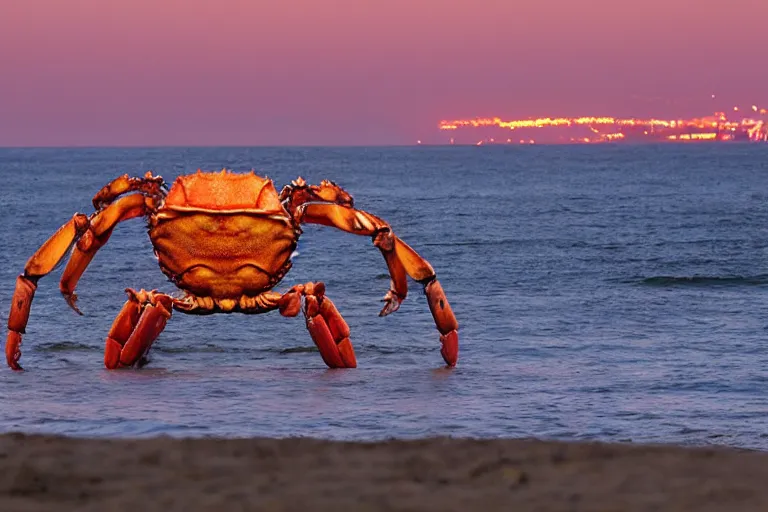 Prompt: giant crab attacking a california city, in 2 0 1 2, bathed in the the glow of the sunset, low - light photograph, photography by tyler mitchell