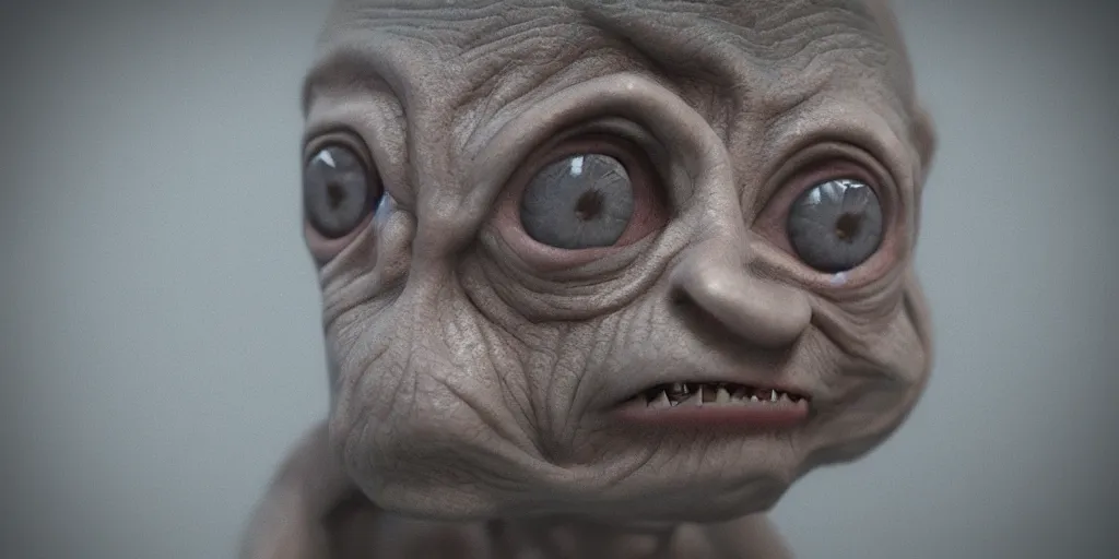 Prompt: needle felt portrait of gollum, very detailed, tilt shift, eerie, unreal engine, hyper realism, realistic shading, cinematic composition, blender render, octane render, hdr, detailed textures, photorealistic