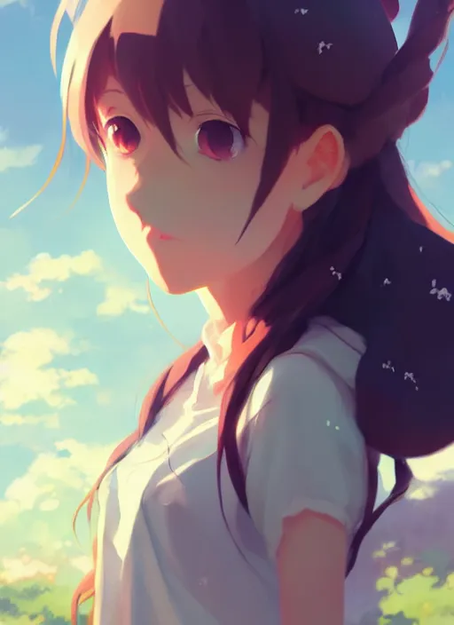 Image similar to portrait of cute girl, cloudy sky background lush landscape illustration concept art anime key visual trending pixiv fanbox by wlop and greg rutkowski and makoto shinkai and studio ghibli