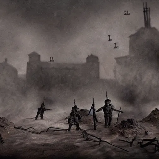 Image similar to the world war i, surrealistic detailed claymation art, dark, moody, foggy