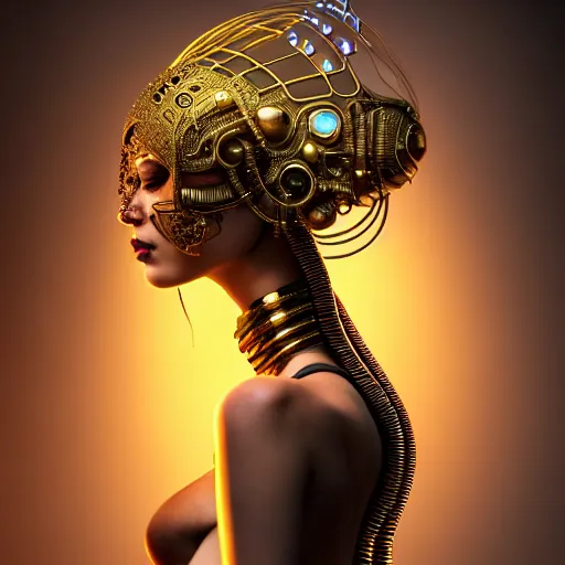 Image similar to portrait of an absurdly beautiful, graceful, sophisticated, fashionable egyptian cyberpunk mechanoid gravure idol, hyperdetailed illustration by irakli nadar, matt wisniewski style, intricate linework, fashion photography, porcelain skin, jellyfish headdress, golden cable necklace, unreal engine 5 highly rendered, radiant light, detailed and intricate environment