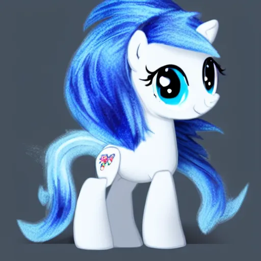 Prompt: a blue little pony with white hair, a picture by an gyeon, featured on deviantart, booru, superflat, quadrupedal