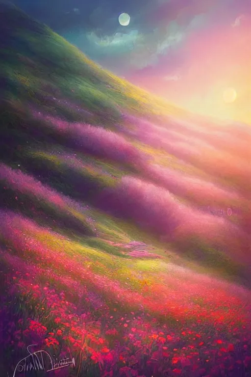 Prompt: beautiful dreamy hilly verdant flower filled landscape at sunset by Anna dittmann