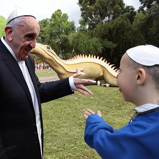 Prompt: pope Francis visits a dinosaur zoo and looks at a trex