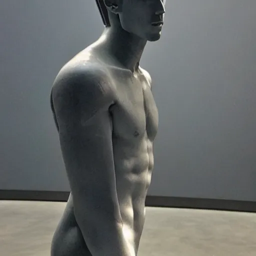 Image similar to “ a realistic detailed photo of a guy who is an attractive humanoid who is half robot and half humanoid, who is a male android, actor liam hemsworth, shiny skin, posing like a statue, blank stare, at the museum, on display ”