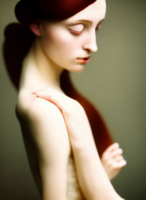 Image similar to kodak portra 4 0 0 photo portrait of a beautiful woman, sub surface scattering, hair baroque hair style, fineart in style of paolo roversi, 5 0 mm lens, sharp focus, head in focus, soft blur matt, volumetric lighting