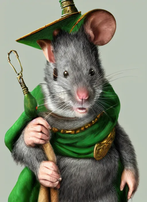 Image similar to gray rat standing on two legs, wearing jewelry, green eyes, tricorne hat, green robe, D&D, digital art, realistic, trending on artstation, 4k