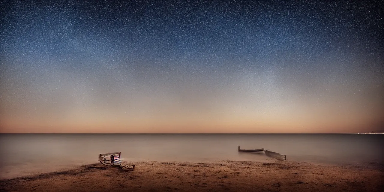 Image similar to a beautiful painting of ultra wide angle blue ocean, dream moon, starry sky, milky way, beach, harbor, castle, dream, by mikko lagerstedt