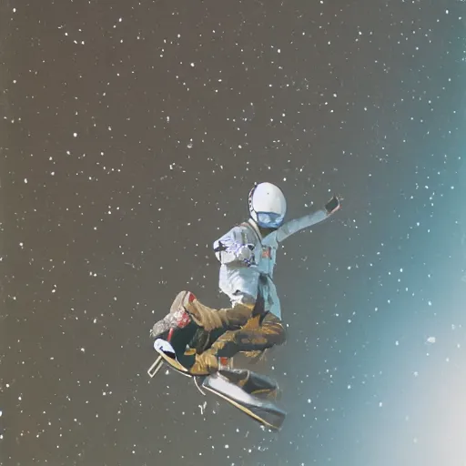 Prompt: tony hawk riding a rocket propelled skateboard and flying it to the moon, 85mm pentax k1000, f 1/3, award winning photography