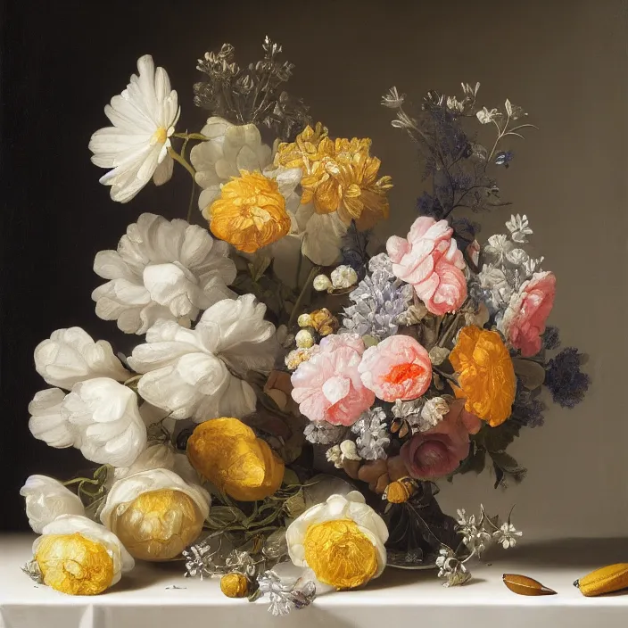 Image similar to still life painting of a beautiful bouquet of flowers by pieter claesz, oil on canvas, strong lighting, highly detailed, hyper realism, golden hour, god rays, hd, 4 k
