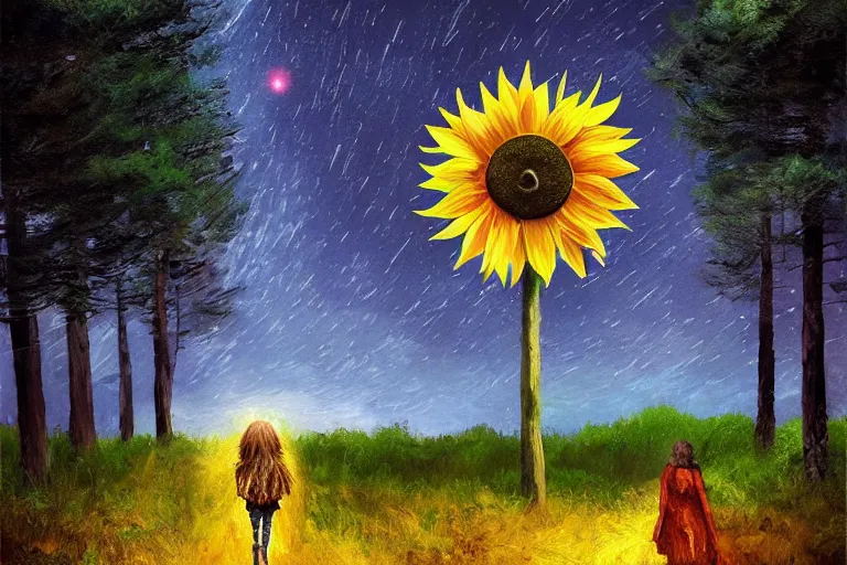 Prompt: giant sunflower as a face, girl walking between big trees, hills, surreal photography, dark night, star trails, dramatic light, impressionist painting, clouds, digital painting, artstation, simon stalenhag