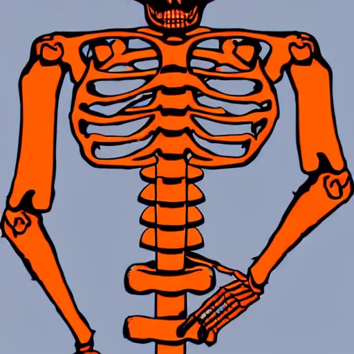 Image similar to a skeleton. his hands looks like traffic - cones