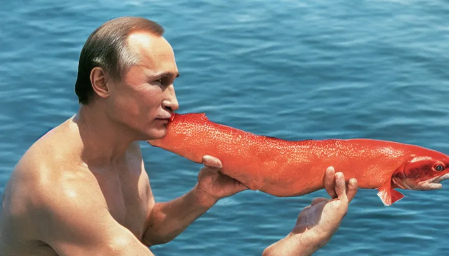 Image similar to 7 0 s movie still of putin in speedo, proudly holding a salmon, focus on face. cinestill 8 0 0 t _ 3 5 mm eastmancolor, heavy grain, high quality, high detail