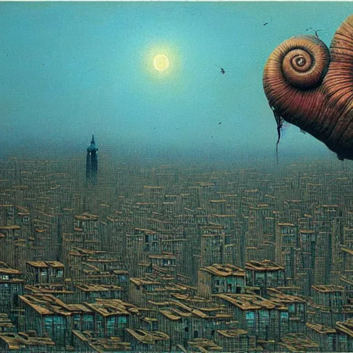 Image similar to a giant snail stands over a city painting by beksinski, behsinski colors. masterpiece painting