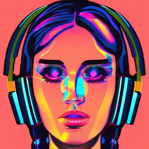 Prompt: a closeup of a female face with headphones in retro colors, synthwave style, 2d digital vector art