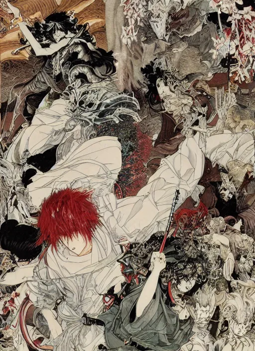 Image similar to battle between good and evil , battle between angels and demons, by and Takato Yamamoto and Yoshitaka Amano, high resolution, ultra detailed