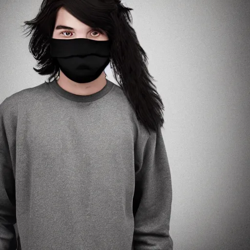 Image similar to professional digital art of a young adult man with slightly long hair wearing a black face mask and an oversized dark sweatshirt and dark sweatpants, high quality, HD, 8K, highly detailed, award-winning, sci-fi, fantasy, movie, show, tv series, actor, character