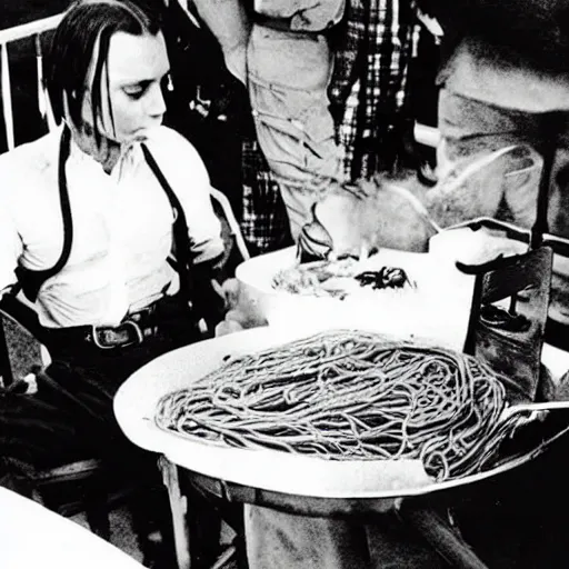 Image similar to johnny depp world war 2 photograph eating spaghetti
