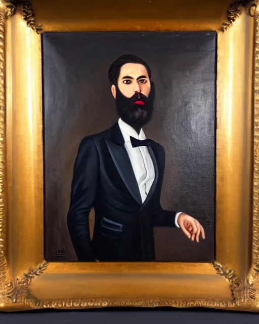 Image similar to a oil painting portrait of a stylish bearded man wearing suit outfit