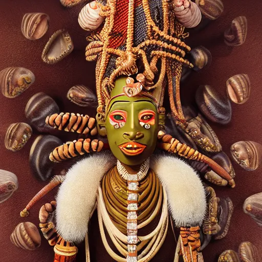 Prompt: elegba eshu the yoruba god with cowrie shells for eyes writing a poem, insanely detailed and intricate, golden ratio, hypermaximalist, elegant, ornate, luxury, elite, James jean, Brian froud, ross tran, realistic 3D, hyper realistic, super detailed, realistic octane render, 8K, fashion photogra