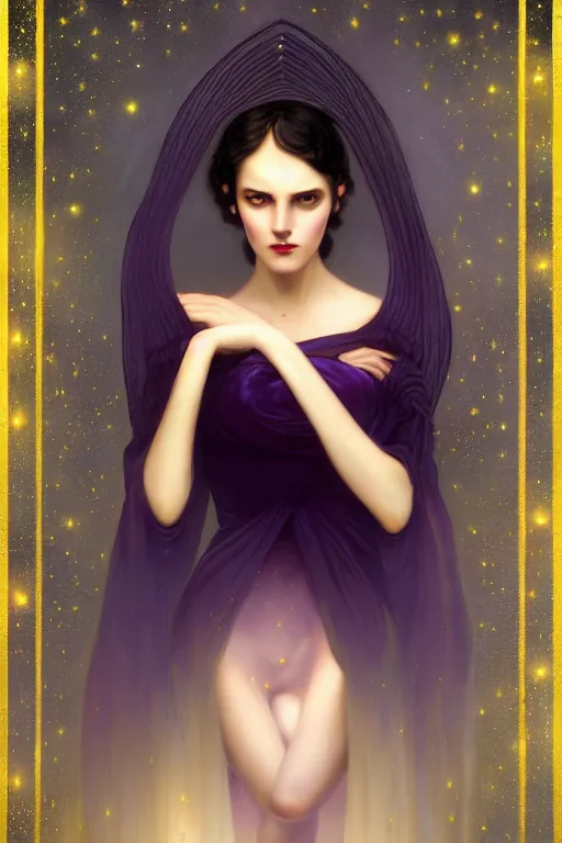 Image similar to Nocturne, glowing, stars, a long-legged elegant evil woman, highly detailed, mysterious, ethereal, dressed in dark violet velvet, haute couture, illustration, dramatic lighting, soft details, painting, by Edmund Blair Leighton, Brom, Charlie Bowater, trending on artstation, faces by Tom Bagshaw, otto schmidt