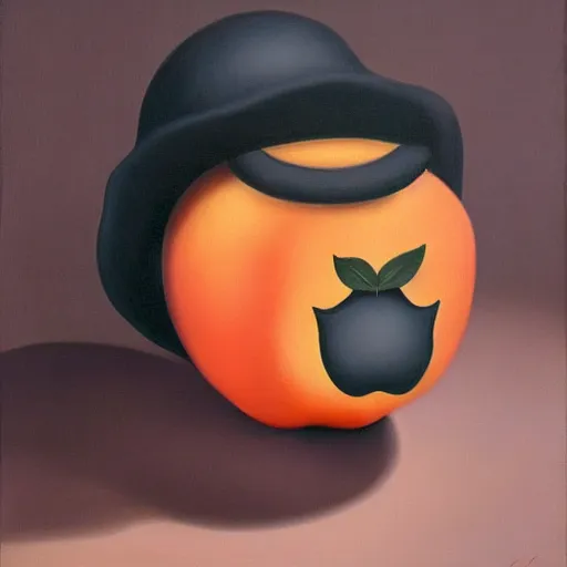 Image similar to a magritte painting masterpiece exposed in Paris : an apple talking to an orange on black hat, This 4K HD image is Trending on Artstation, featured on Behance, well-rendered, extra crisp