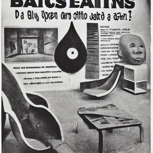 Prompt: An advertisement for a gallery, African artifacts, masks, objects, newspaper style, black and white, colonial, African Arts magazine, 70s
