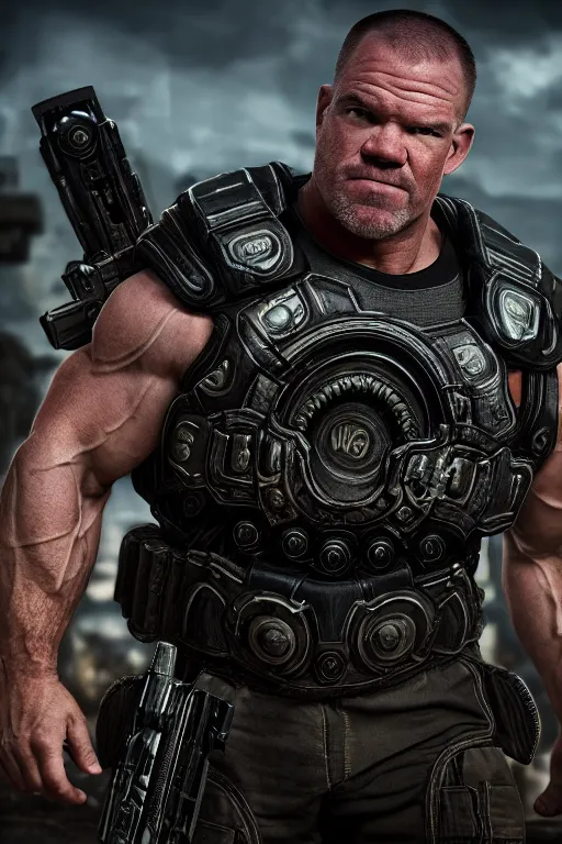 Image similar to jocko willink as a muscular Gears of War character commanding, photorealism, half body, HDR ambient background, unreal engine 5, hyperrealistic, highly detailed, XF IQ4, 150MP, 50mm, F1.4, ISO 200, 1/160s, cinematic lights, Adobe Lightroom, photolab, Affinity Photo, PhotoDirector 365, realistic