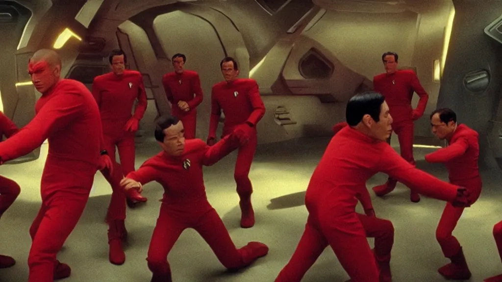 Prompt: giant monsters made of bananas killing crew wearing red on star trek, film still from a movie directed by Denis Villeneuve star trek with art direction by Salvador Dalí, wide lens