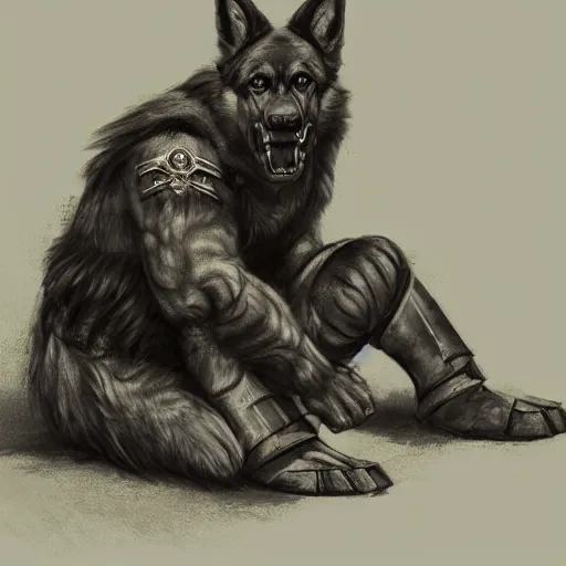 Image similar to a humanoid german shepherd beast - man in military style, sitting on the carpeted floor beside a bed, highly detailed portrait, digital painting, artstation, concept art, smooth, sharp foccus ilustration, artstation