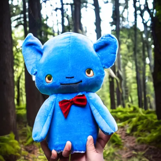 Image similar to demonic blue'snappy gifts'human - sized plush doll, in magical forest, holding gift, dark atmosphere, high detail, soft lighting, 8 k