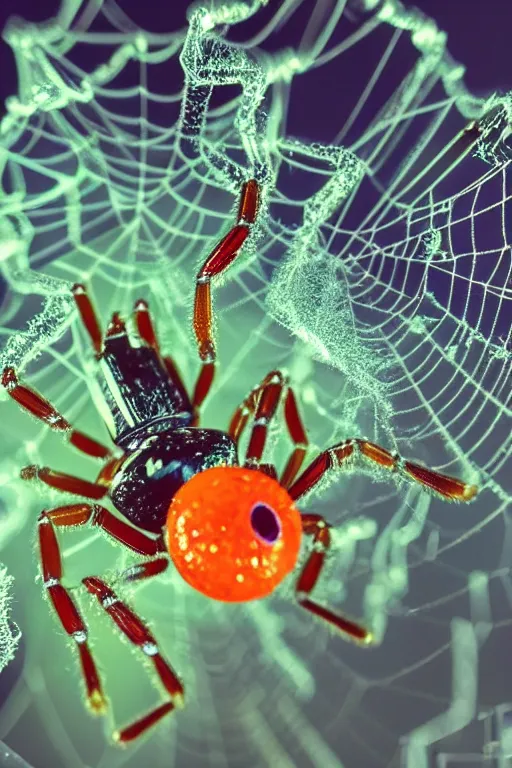 Image similar to high quality close-up photo translucent gelatinous spiders! gorgeous highly detailed hannah yata elson peter cinematic orange lighting high quality low angle hd 8k sharp shallow depth of field