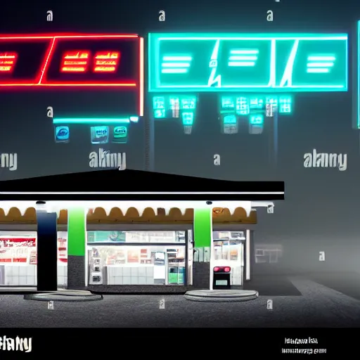 Image similar to a convenience store at a gas station in the dark and misty night, observed from afar in the fog, cyberpunk style ( 2 0 6 0 ), retro futuristic style