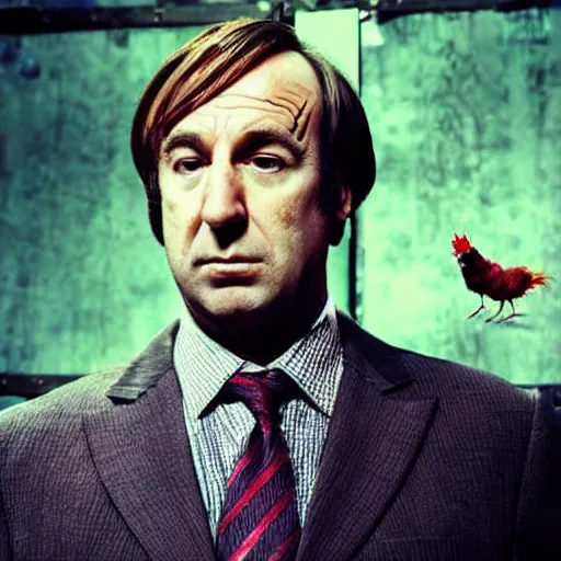 Image similar to saul goodman and a rooster in a medieval torture chamber, saw blades and knives in the background, horror movie, saul goodman, rooster, real life photo, detailed face