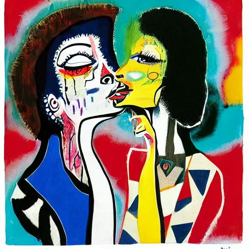 Image similar to beautiful painting of two bizarre psychedelic goth women kissing each other closeup in a cafe in japan, speculative evolution, mixed media collage by basquiat and jackson pollock, magazine collage art, sapphic art, lesbian art