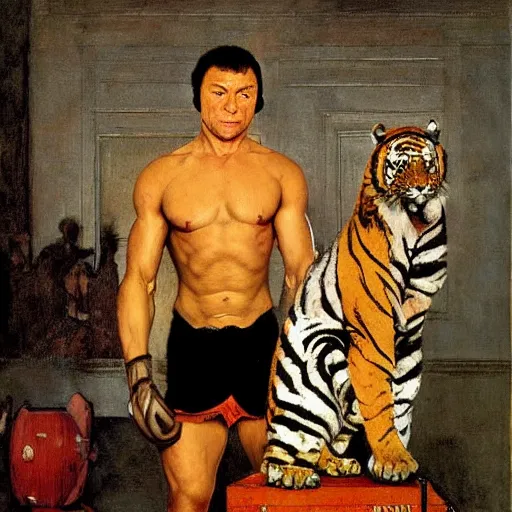 Prompt: shredded physique portrait furry orange striped Mike tyson the champion disguised as a tiger wearing a black vest robert rauschenberg norman rockwell greg rutkowski giorgio de chirico