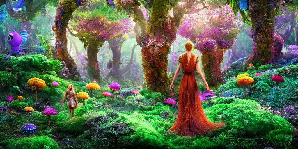 Image similar to beautiful fae queen walks through happy trippy fungal landscape, weta pixar 8 k detailed face