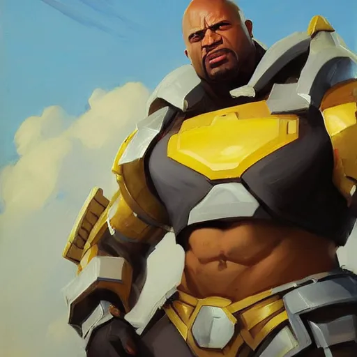 Image similar to greg manchess portrait painting of fully armored the foundation aka dwayne the rock from fortnite as overwatch character, medium shot, asymmetrical, profile picture, organic painting, sunny day, matte painting, bold shapes, hard edges, street art, trending on artstation, by huang guangjian, gil elvgren, ruan jia, greg rutkowski, gaston bussiere