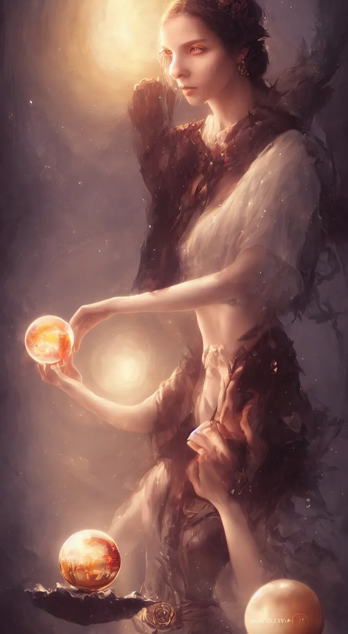 Prompt: a beautiful young witch with a crystal ball, painted by artgerm and tom bagshaw, fantasy art, dramatic lighting, highly detailed oil painting, volumetric lighting