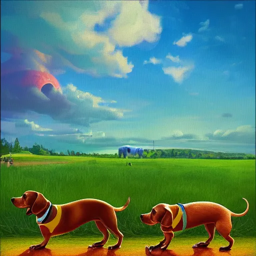 Image similar to a dachshund, surreal photography, cannabis field, sunset on a summer day light, impressionist painting, colorful clouds, blue sky, digital painting, artstation, simon stalenhag