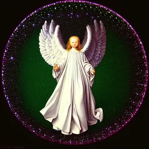 Prompt: highdetailed hyperrealistic of white angel!!! giant ball of miracle light from the chest!!!!!, white sparkles everywhere, lot of fire and stars overhead!!!, by jan van eyck, holography space, glow effect, large strokes, clean lines, white monocolor, oil painting