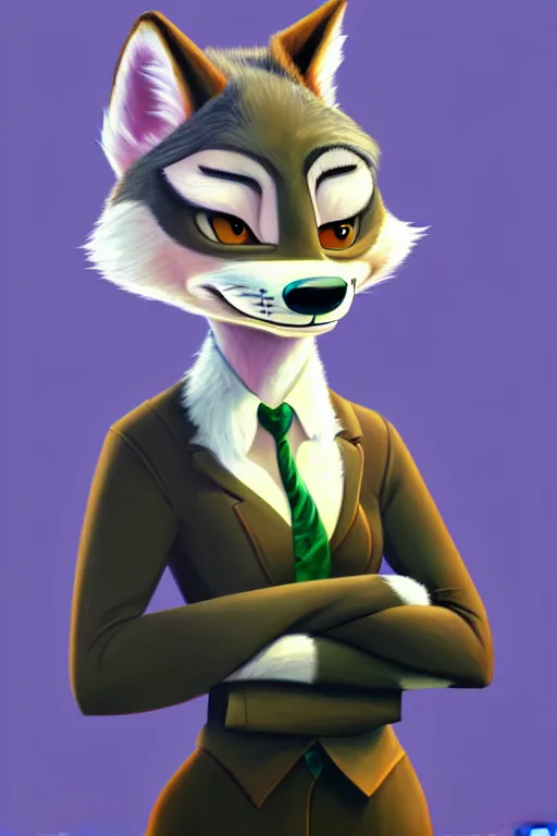 Image similar to oil painting of anthromorphic female wolf, in style of zootopia, female fursona, furry, furaffinity, 4 k, deviantart, furry art, fursona art, wearing black business suit, business suit, wolf fursona, female, smug expression,