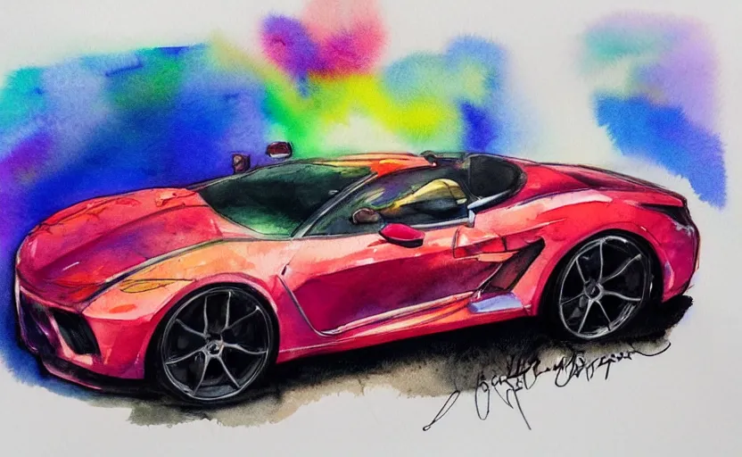 Image similar to colorful watercolor sketch of a sport car, highly detailded