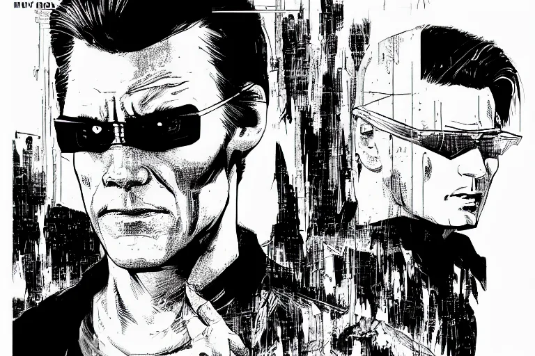 Image similar to jim carrey in the matrix, a page from cyberpunk 2 0 2 0, style of paolo parente, style of mike jackson, adam smasher, johnny silverhand, 1 9 9 0 s comic book style, white background, ink drawing, black and white