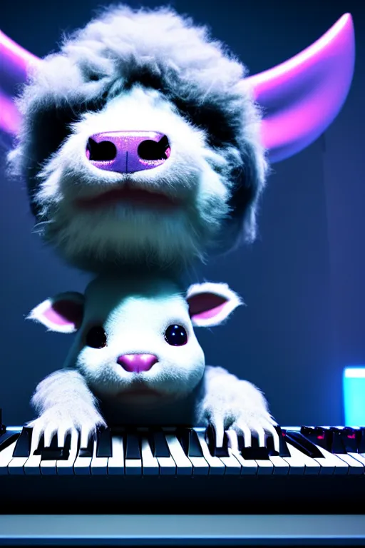 Image similar to high quality 3 d render very cute neuromancer fluffy! mutant cow hybrid! playing keyboard, highly detailed, unreal engine cinematic smooth, in the style of blade runner & detective pikachu, hannah yata charlie immer, moody blue light, low angle, uhd 8 k, sharp focus