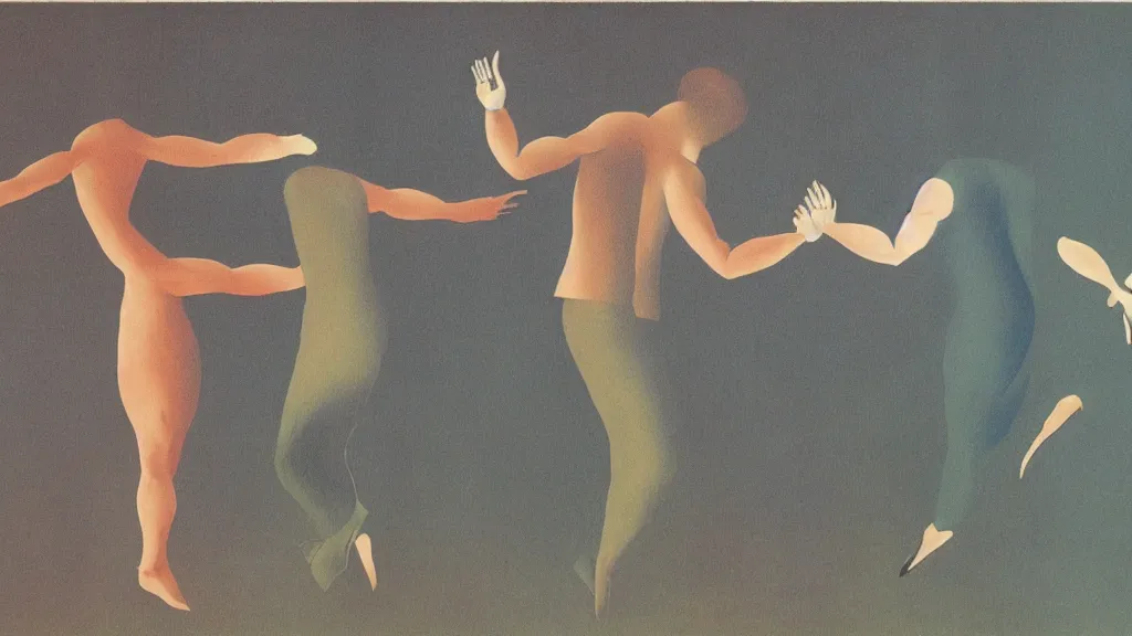 Prompt: A vintage scientific illustration from the 1970s of a men dancing with the devil by René Magritte