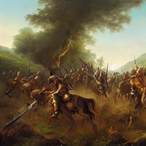 Image similar to a detailed oil painting of charging viking army on horseback over a lush valley + one heavy axe wielding viking warrior leading the brigade