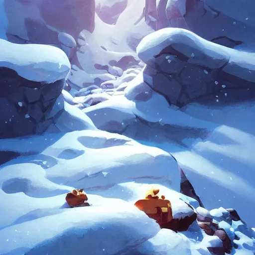 Image similar to avalanche down a snowy mountain, dramatic, cool shadows, warm light, cute, by disney, animation art - perfect global illumination, illustration, romantic painting, centered composition, by jesper ejsing, by rhads, makoto shinkai and lois van baarle