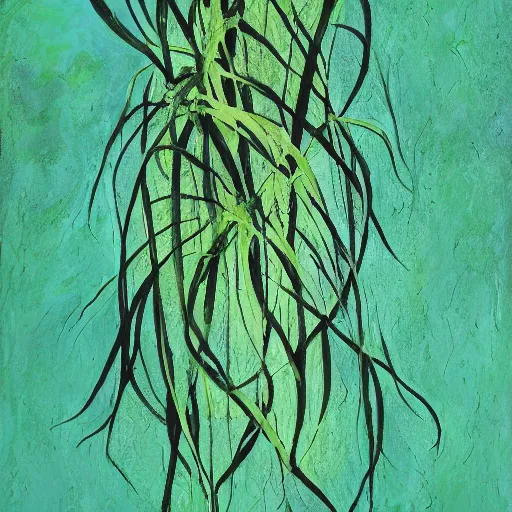 Prompt: an abstract painting of a dark plant sprawling out across a mint green background